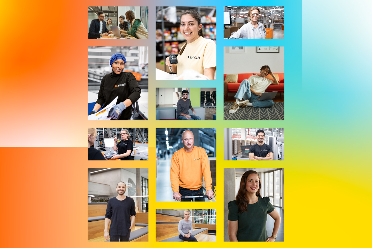 Zalando SE D&I Report 2021 photo collage Collage of photos of Zalando employees working in offices and logistics.