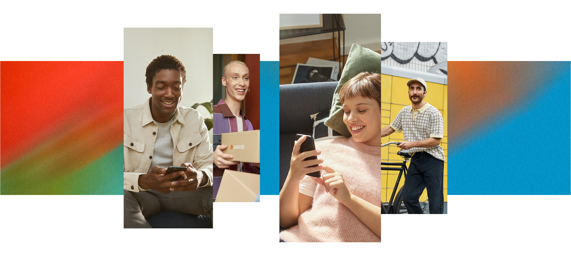 Beyond the gap: unpacking barriers to consumer aspirations Collage of Zalando consumers in different stages of shopping; on their phone, receiving a parcel, picking up a parcel