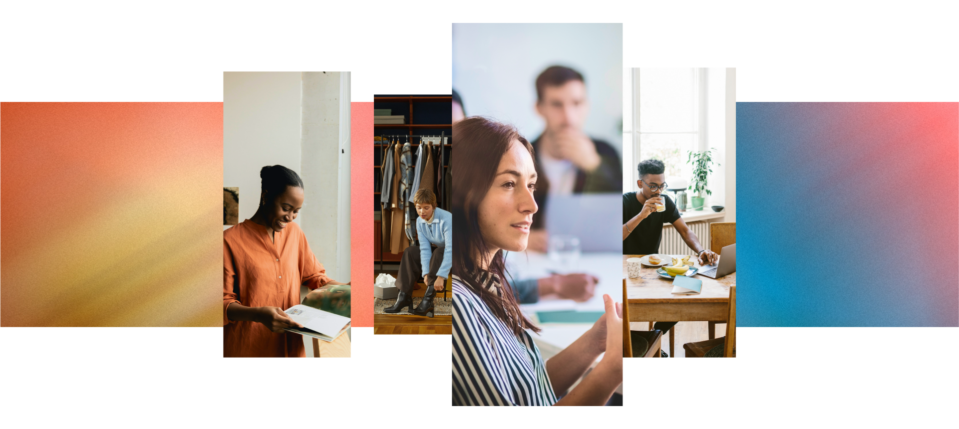 It takes many: a call for collective action Collage of Zalando consumers; reading a magazine, putting on boots, in discussion, eating at their laptop