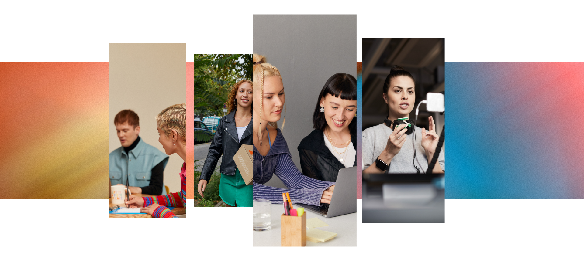How each actor across the system can contribute Collage: people during the design stage, someone carrying a Zalando parcel, two women at a laptop, a woman during a recording session