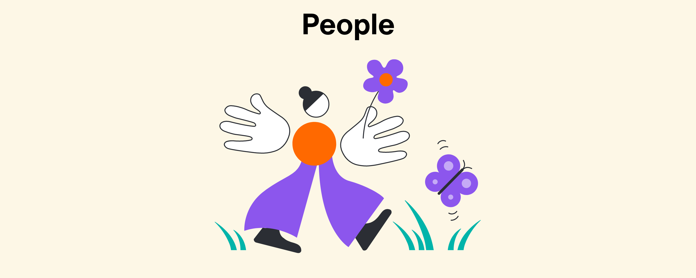Headline: People; Illustration of a person with a flower in their hands and a Butterfly