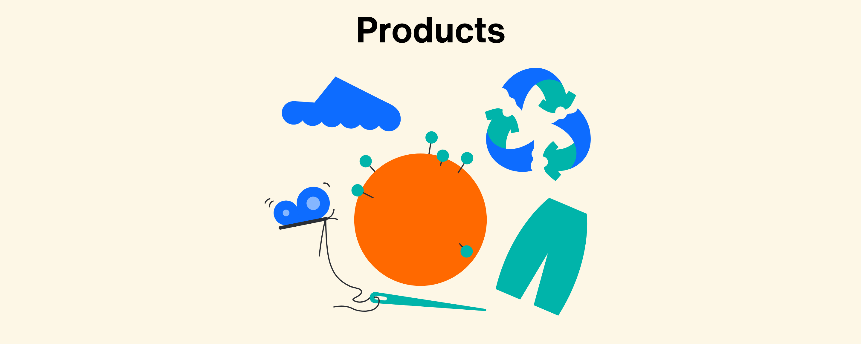 Headline: Products; Illustration of a stylized earth surrounded by a shoe, trousers, recycling sign and a butterfly holding needle and thread