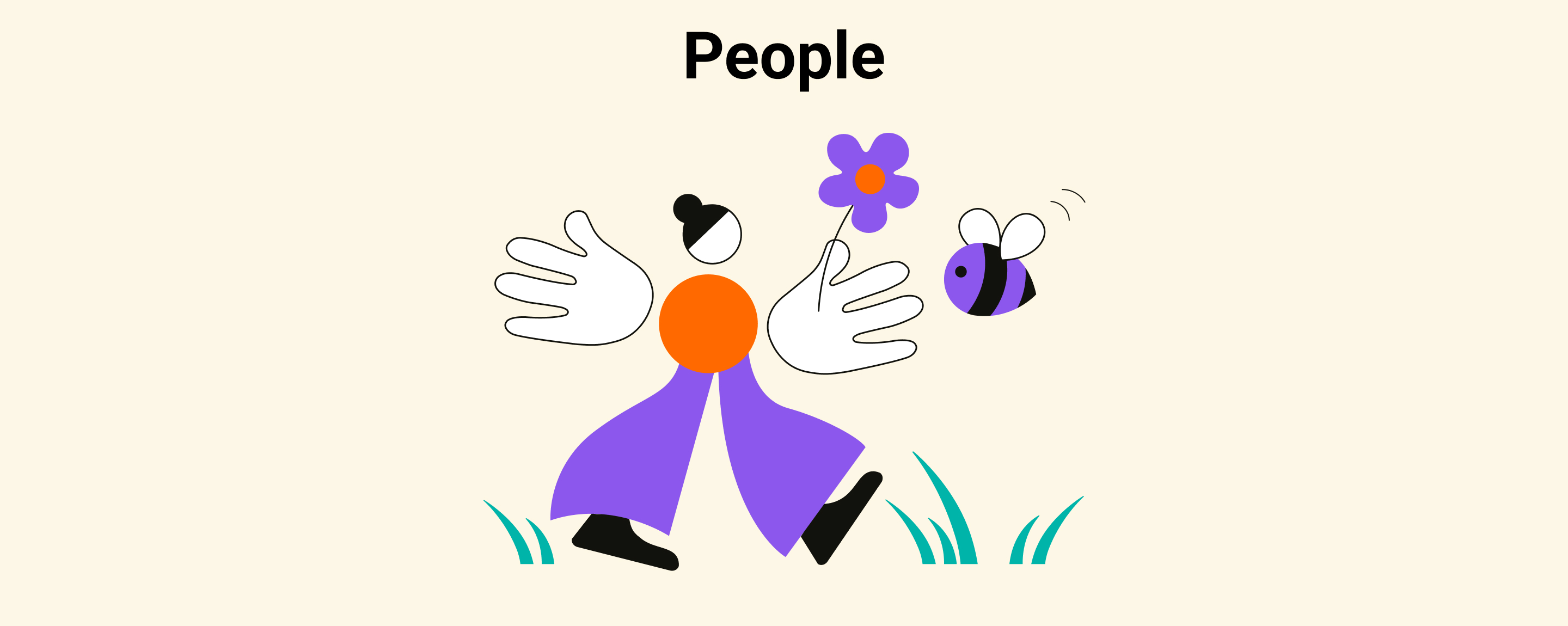 Headline: People; Illustration of a person with a flower in their hands and a bee
