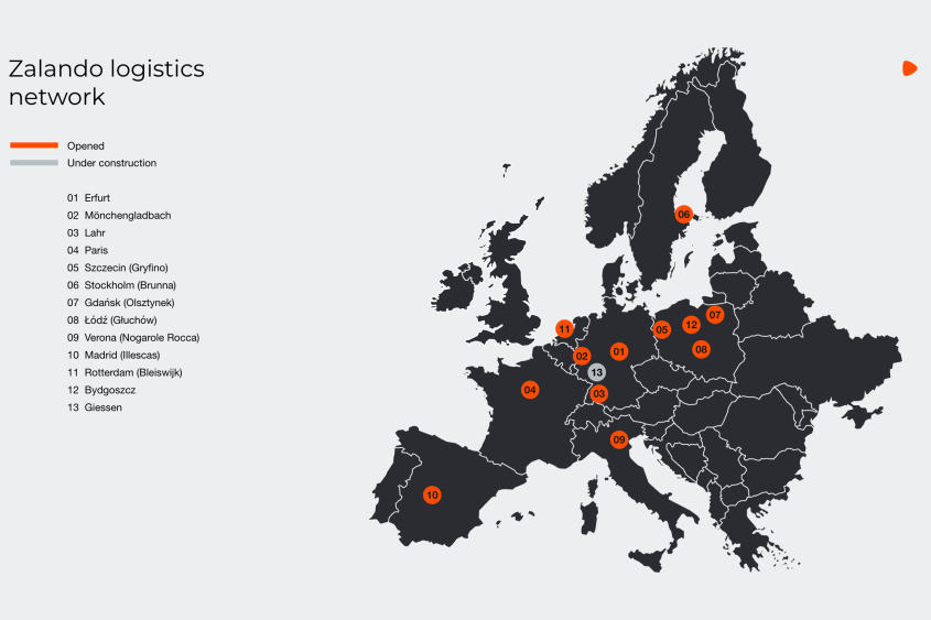 Map of Europe on which Zalando's logistics network is marked. Opened locations: Europakarte mit Zalandos Logistiknetzwerk. Eröffnete Standorte: Erfurt, Mönchengladbach, Lahr, Paris (Moissy-Cramayel), Szczecin (Gryfino), Stockholm (Brunna), Gdansk (Olsztynek), Lodz (Gluchow), Verona (Nogarole Rocca), Madrid (Illescas), Rotterdam (Bleiswijk), Bydgoszcz. Under construction: Gießen, Montereau-sur-le-Jard