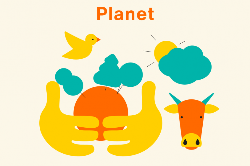 Planet - abstract illustration of hands around a globe, trees, a bird, sun and clouds, and a cow