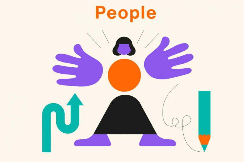 People - abstract illustration of a person with large hands, an arrow and a pencil