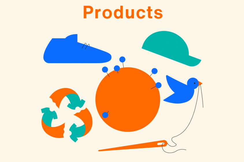 Products - abstract illustration of a shoe, a hat, a pin cushion, a bird holding a thread from a needle, and a recycling sign
