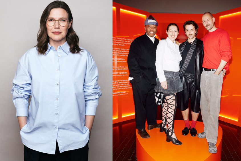 ZVA 2025 Jury A portrait of Anne Pascual, and a group image of Edward Buchanan, Emma Matell, Giuliano Calza and Herbert Hofmann standing on a Zalando Brandmark-shaped structure